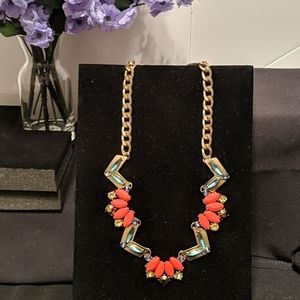 Coral & Blue Stone Gold Tone Chain Collar Necklace